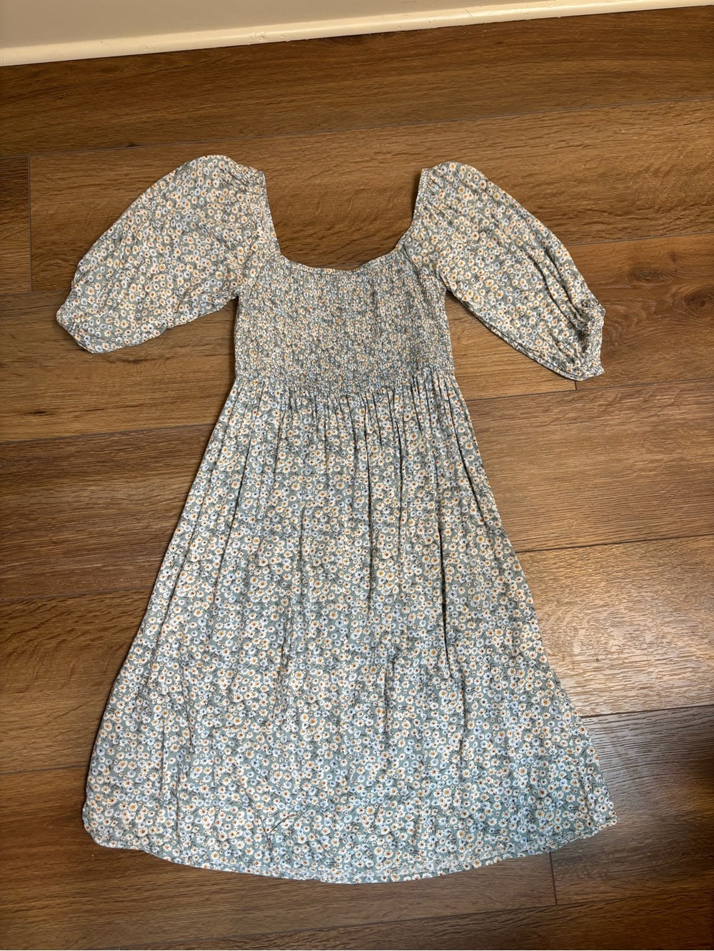 Smocked Puff-Sleeve Midi Dress in Light Blue Floral